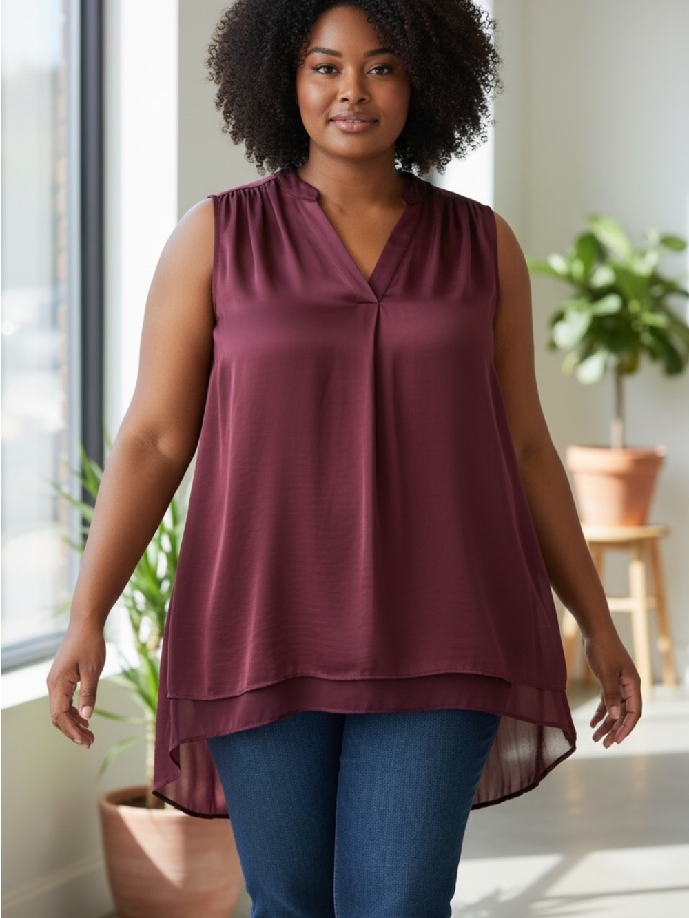 Vince Camuto Sleeveless V-Neck Layered Tunic in Deep Plum